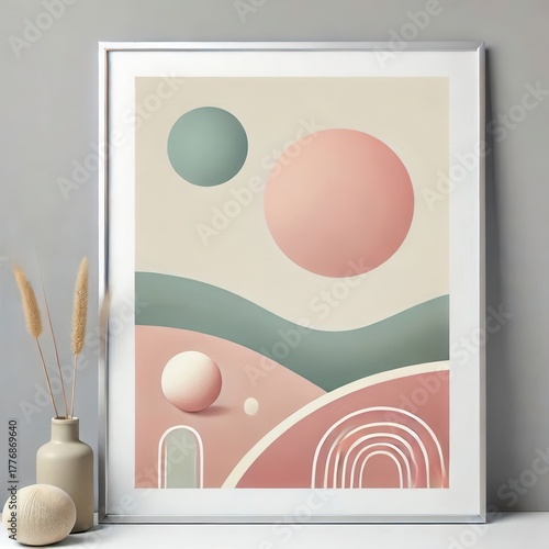 A decorative art piece showcases pastel colors and smooth shapes, including circles and curves, set against a neutral background in a stylish interior space.