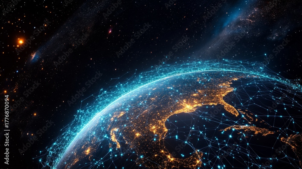 Obraz premium A global digital network spanning the entire planet, with luminous blue streams of light representing connections and the flow of information 