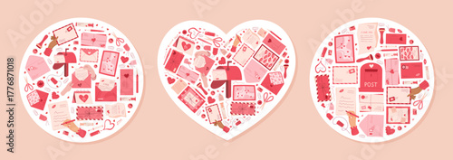 Heart shape mail sticker set in flat cartoon graphic style. Love postcard, gift card, envelope concept with pink paper sheet. Romantic card collection for valentine, creative correspondence theme.