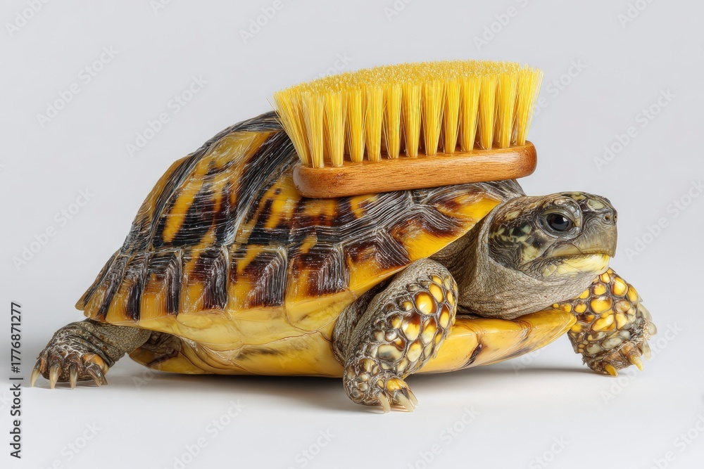 Naklejka premium A unique and humorous studio shot features a vibrant tortoise carrying a cleaning brush on its beautifully patterned shell, set against a pristine white background. The bright yellow bristles of the w