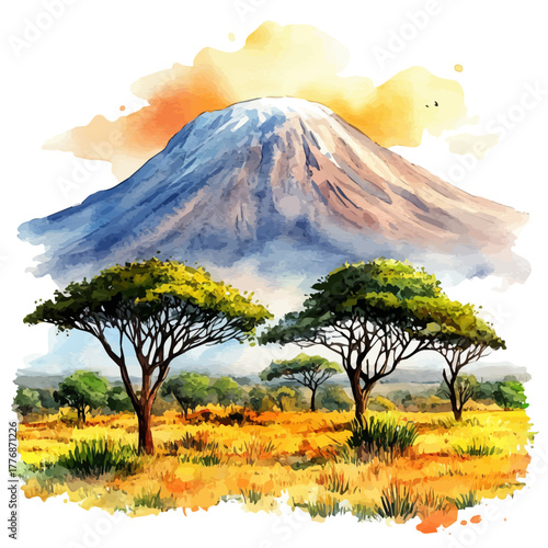 Mount Kilimanjaro, watercolor drawing vector, isolated on a white background.