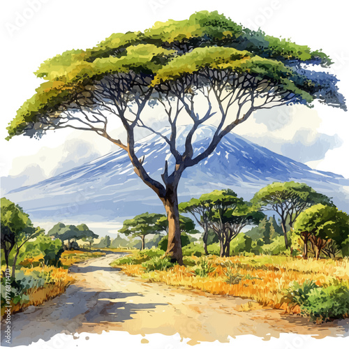 Mount Kilimanjaro, watercolor drawing vector, isolated on a white background.