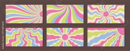 Groovy retro sun burst pattern set in horizontal style. Vintage sunshine wave and wavy swirl with yellow grungy texture as abstract y2k background. Creative graphic for playful wallpaper or fun