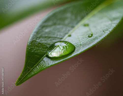 Fresh green leaf with morning water drops