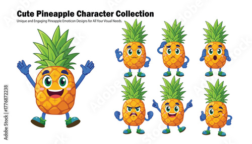 Collection of cartoon pineapples with various expressions and poses, designed for visual needs.