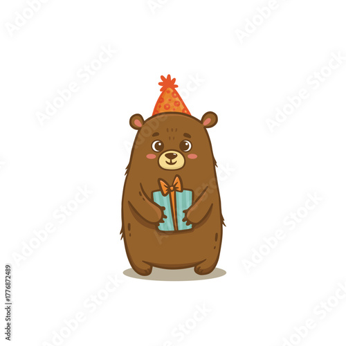 Cute cartoon bear with gift. Teddy bear in flat style for greeting card. Happy birthday. Vector illustration
