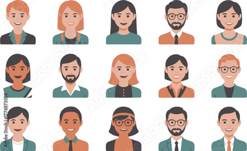 Set of diverse people avatar icons flat vector illustration of various male and female characters isolated on white background