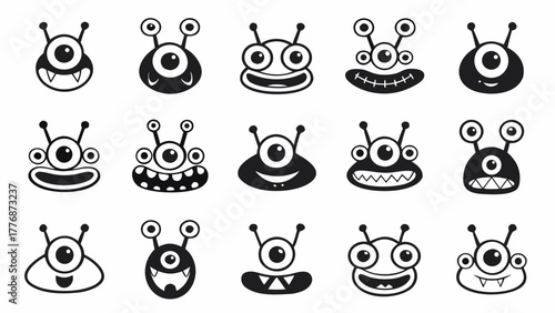 A set of faces with emotions, cute black and white emoticons