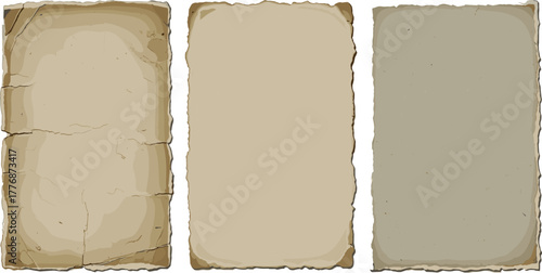 Set of three vintage paper backgrounds with aged texture and torn edges, blank antique parchment for historical or creative designs
