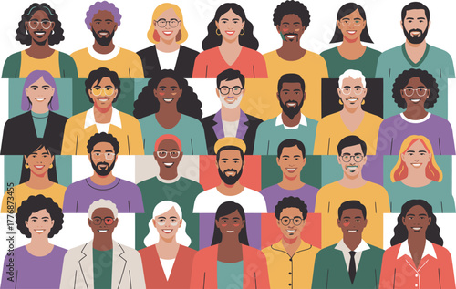 Diverse group of people flat vector illustration of various ethnicities and ages representing community and inclusion