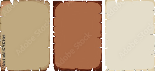 A trio of antique parchment paper concepts, each with distressed edges and varied brown tones, ideal for conveying historical charm or vintage document backgrounds