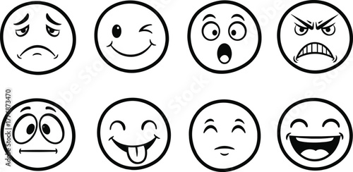 Collection of expressive emoji illustrations depicting various human emotions like joy, sorrow, surprise, and anger, perfect for enhancing digital messages