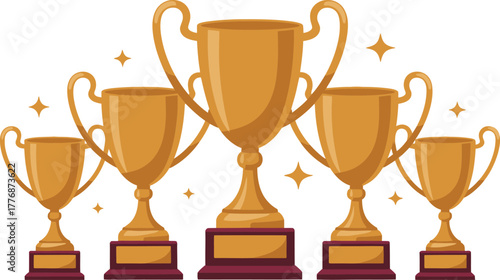 Set of golden trophy cups vector illustration of awards and achievements isolated on white background
