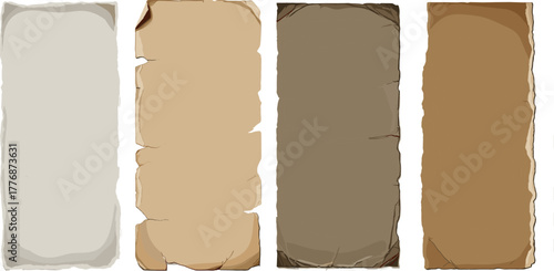A collection of four vertical banners of old, tattered paper in various shades of beige and brown, perfect for vintage or historical designs
