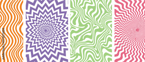 Vibrant collection of abstract patterns with mesmerizing optical illusion effects, featuring diverse wavy and zig-zag designs for modern graphic art backgrounds and digital projects