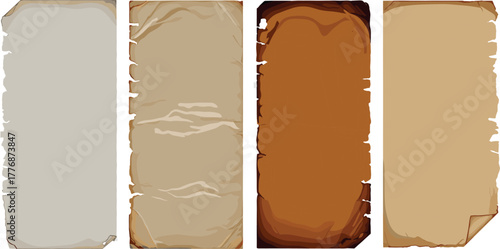 Set of parchment paper banners with weathered edges and textured surfaces for design elements