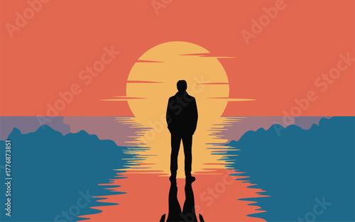Silhouette of a man standing on water facing the sunset vector illustration for contemplation and inspiration