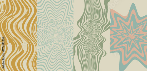 Abstract psychedelic wavy patterns collection, retro style design elements with vibrant color palettes