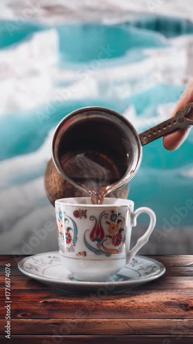 Serving traditional Turkish coffee with Pamukkale travertine view
