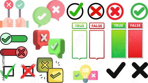 Checkmark cross icons set for web design and mobile apps right wrong yes no true false vector illustration