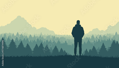 Silhouette of person standing in front of mountains during sunrise against forest backdrop. Scenic view with layered hills and trees creates a calm atmosphere,