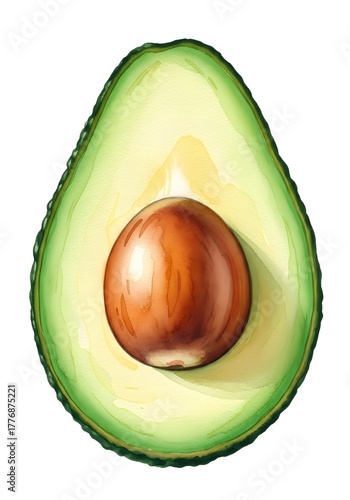 Sliced avocado with seed, showing textured green flesh and shell  