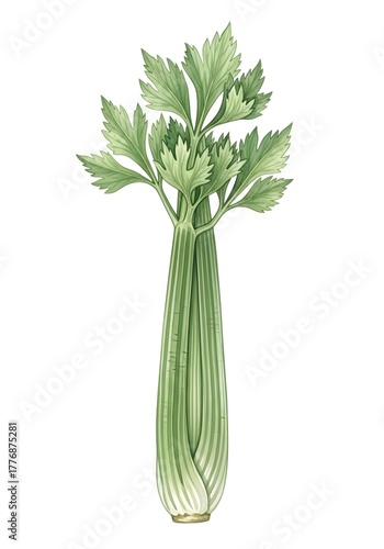 Fresh celery stalk with green leaves on white background  