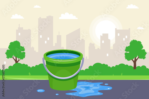 Bucket of water. Spilled water on the floor. Flat illustration.