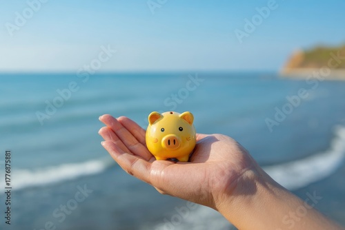 A person's hand gently cradles a cheerful yellow piggy bank, set against a serene, sunlit backdrop of a calm ocean and clear blue sky. This evocative image beautifully symbolizes financial planning, d