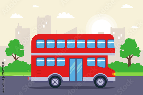 Red double decker english public bus. flat illustration.