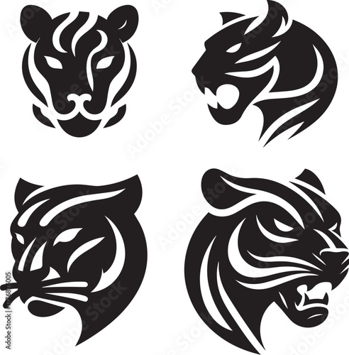 Stylized black panther head vector, fierce eyes, curved linework, negative space used creatively, minimal and bold logo, white background.