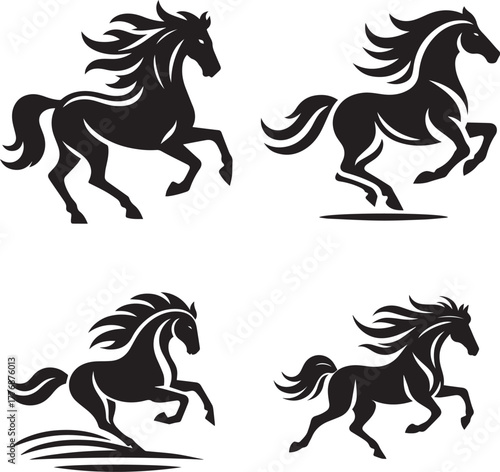 Black horse silhouette logo, galloping motion, dynamic lines, elegant vector design, minimalist flat icon, no background or white background.