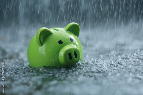 A vibrant green piggy bank is partially submerged in turbulent water, with numerous raindrops actively splashing and creating ripples around it, indicating a heavy downpour. The intense visual of the 