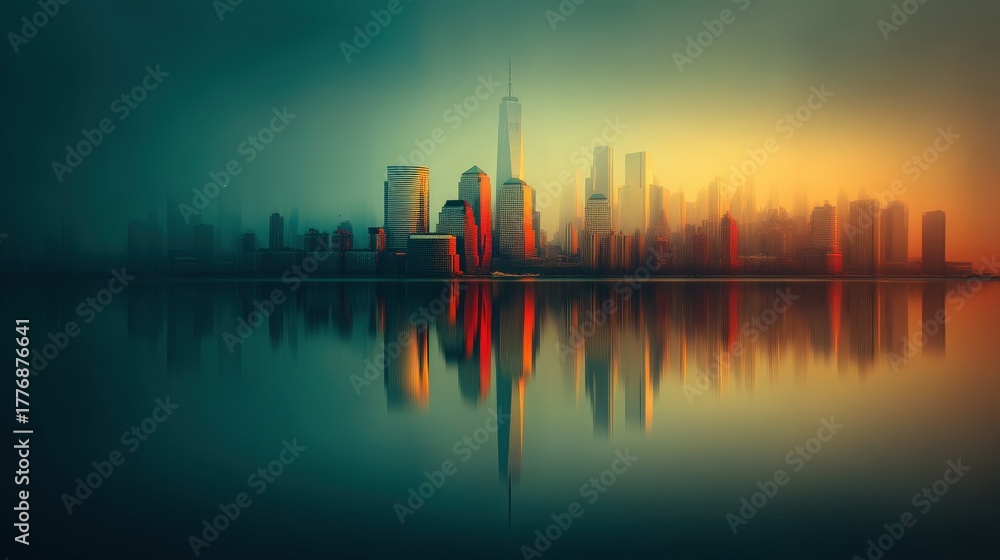 Naklejka premium A vibrant city skyline is illuminated by the dawn light, with tall buildings reflecting in the calm water below. A misty background adds a peaceful touch to this urban scene.