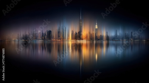 Wallpaper Mural Tall buildings stand majestically along the waterfront, their lights shimmering in the still night water. The skyline glows with hues of blue and orange, creating a serene yet vibrant atmosphere. Torontodigital.ca