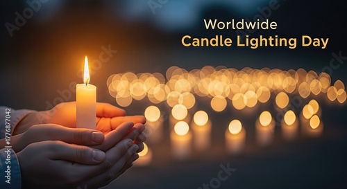 Warm light illuminates cupped hands holding a solitary glowing candle, surrounded by many soft lights, embodying worldwide remembrance and solace.