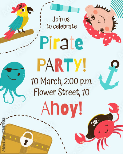 Invitation, pirate party, pirate boy, tricorne, spyglass, chest, anchor, parrot, octopus, crab, cartoon