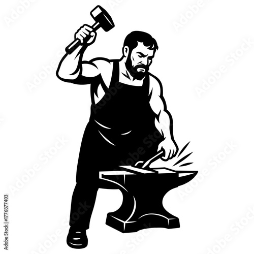 Blacksmith Vector Illustration – Strong Man Forging Metal on Anvil, Vintage Worker Design, Handcrafted Labor Artwork