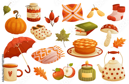 Large autumn set. Pumpkin, pie, teapot, umbrella, blanket, mushroom, pillow, apple, candle. Elements of cozy hygge autumn. Vector.