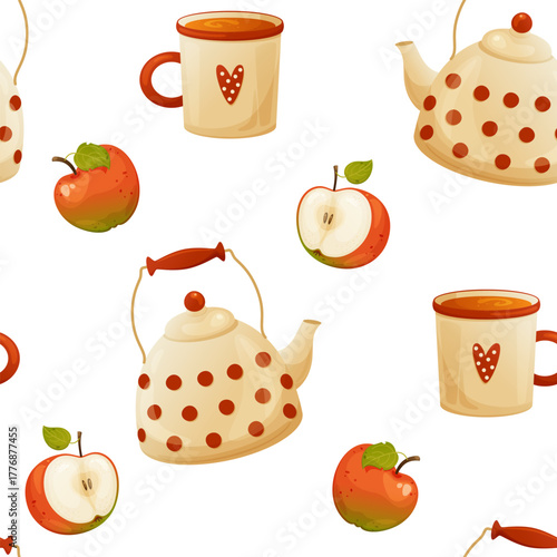 Cute seamless pattern of teapots, mugs, and apples. A cozy design perfect for textiles, scrapbooking, and covers.