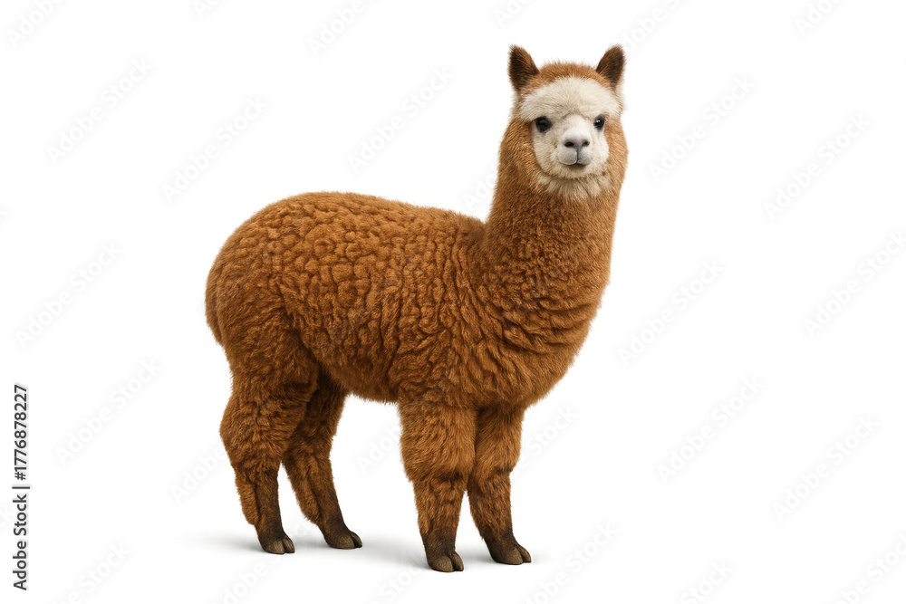 Naklejka premium Brown alpaca standing, cute fluffy mammal with soft wool, isolated on transparent background, livestock animal