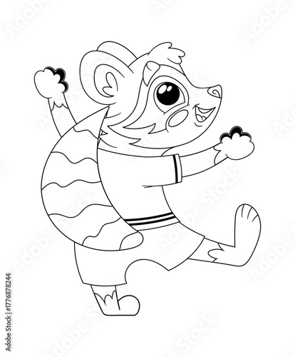 Funny raccoon black-and-white character dancing