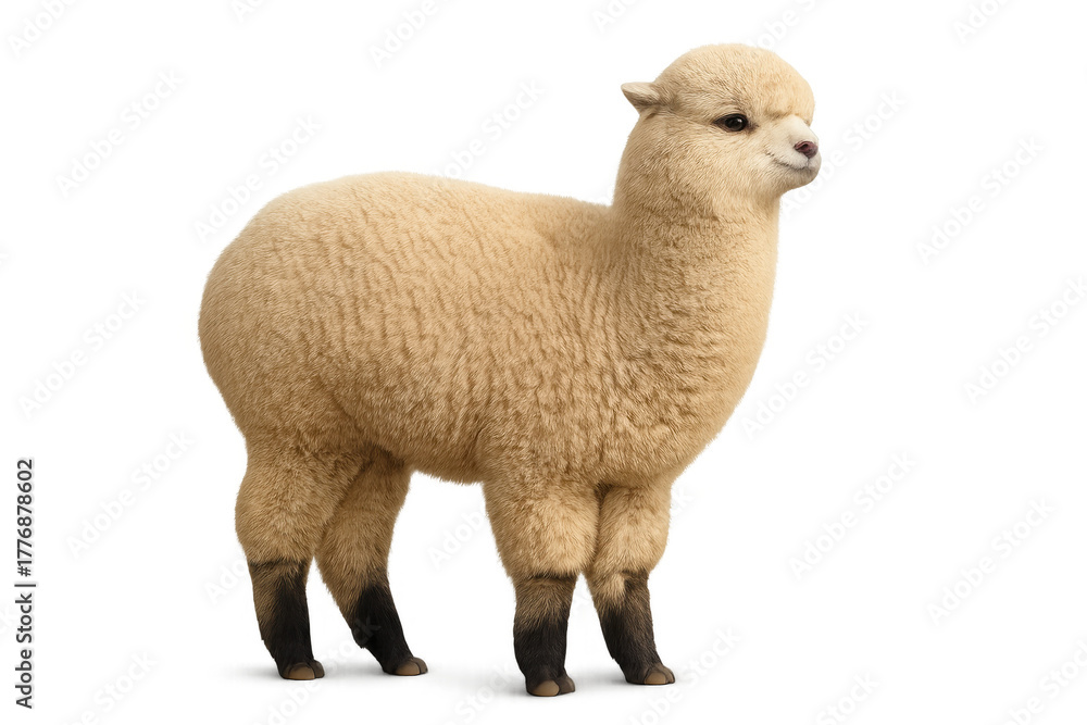 Naklejka premium Cute baby alpaca standing on a transparent background, furry livestock animal with soft wool looking right