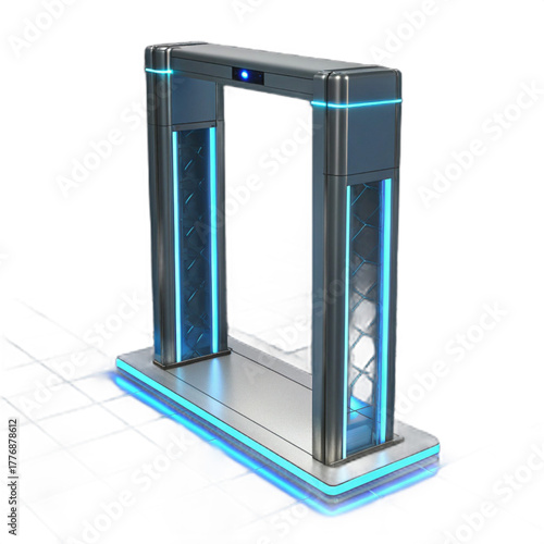Futuristic security scanner with sleek metallic design and vibrant blue LED illumination for modern access control and safety solutions.