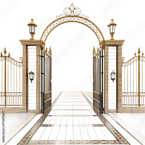 Elegant golden gates open to reveal a path leading to an exclusive destination, inviting entry into a world of luxury and opportunity.