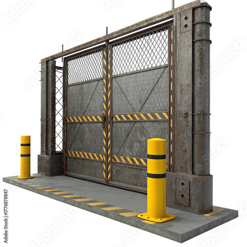 Secure industrial gate with heavy duty metal doors and yellow safety bollards at facility entrance