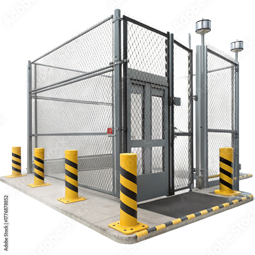 Secure industrial entrance with chain link fencing, safety bollards, and warning lights ensuring robust perimeter protection for businesses