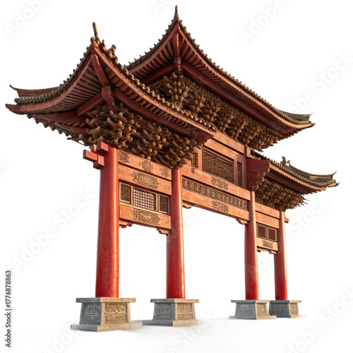 Majestic traditional Chinese temple gate entrance architectural marvel with intricate detailing and vibrant red pillars inviting exploration