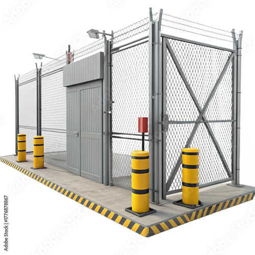 Secure perimeter access point featuring a robust gate, chain-link fencing, warning bollards, and overhead lighting for critical infrastructure protection.