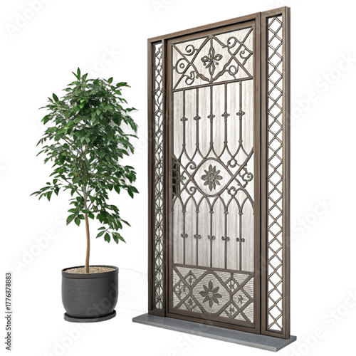Elegant ornate metal security door with decorative ironwork and a potted green plant, perfect for home security and aesthetic enhancement.